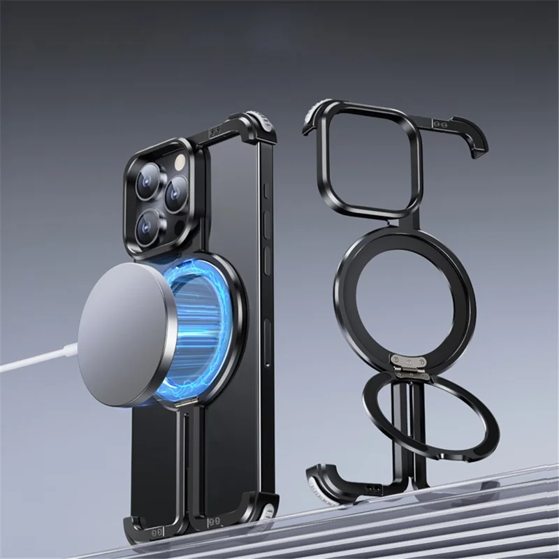 For iPhone 14 Pro Aluminum Alloy + TPU Case Kickstand Frameless Phone Cover Compatible with MagSafe - Black