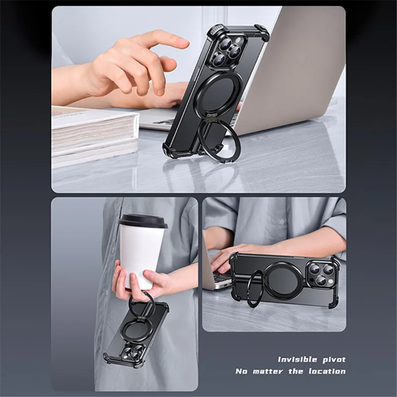 For iPhone 14 Pro Aluminum Alloy + TPU Case Kickstand Frameless Phone Cover Compatible with MagSafe - Black