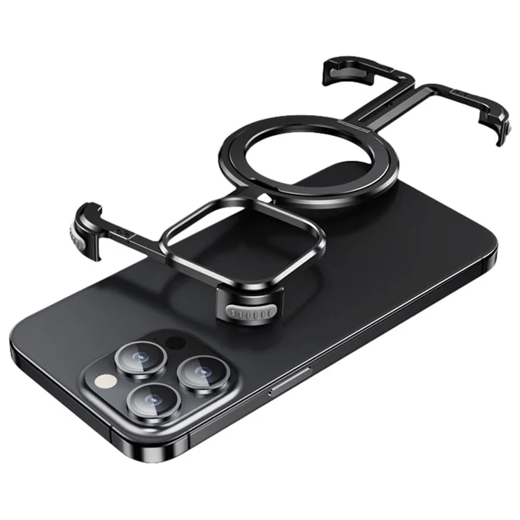 For iPhone 15 Pro Frameless Case Compatible with MagSafe Metal + TPU Kickstand Phone Cover - Black