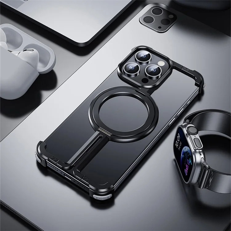Für iPhone 15 Pro Max Randloses Gehäuse Metall + TPU Ständer Handyhüllen Kompatibel mit MagSafe - Schwarz