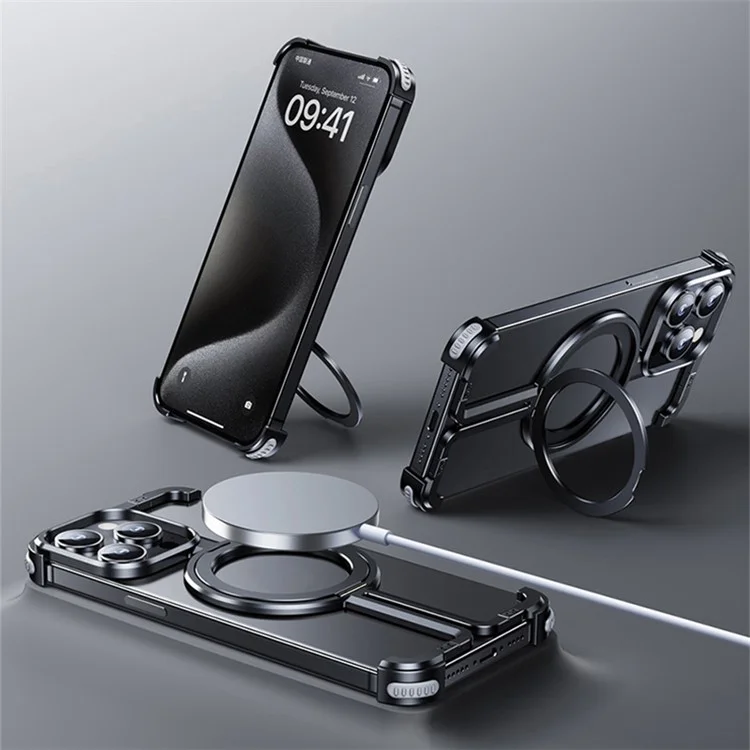 Für iPhone 15 Pro Max Randloses Gehäuse Metall + TPU Ständer Handyhüllen Kompatibel mit MagSafe - Schwarz