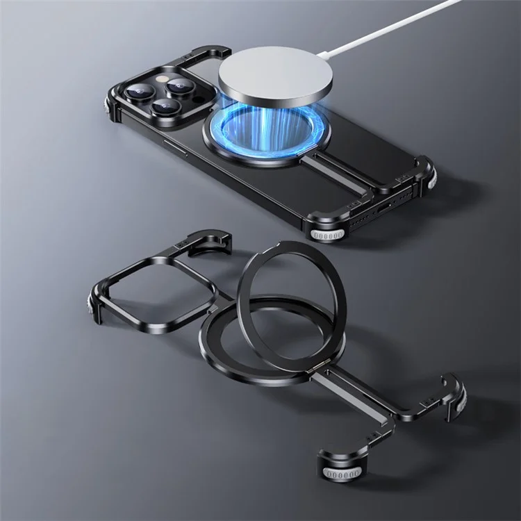 Für iPhone 15 Pro Max Randloses Gehäuse Metall + TPU Ständer Handyhüllen Kompatibel mit MagSafe - Schwarz