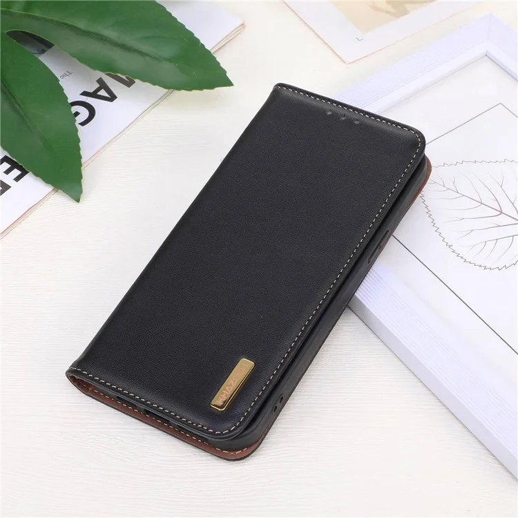 KHAZNEH For Xiaomi 14 Ultra Case RFID Blocking Wallet Genuine Cow Leather Phone Cover - Black