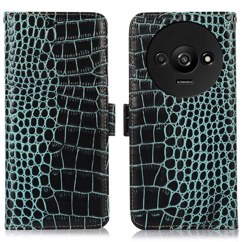 For Xiaomi Redmi A3 / Poco C61 4G Case Genuine Cow Leather Wallet Phone Cover Crocodile Texture - Green