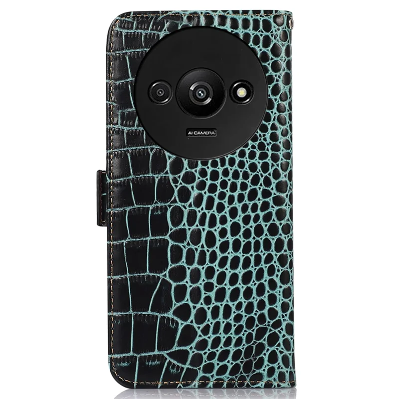 For Xiaomi Redmi A3 / Poco C61 4G Case Genuine Cow Leather Wallet Phone Cover Crocodile Texture - Green