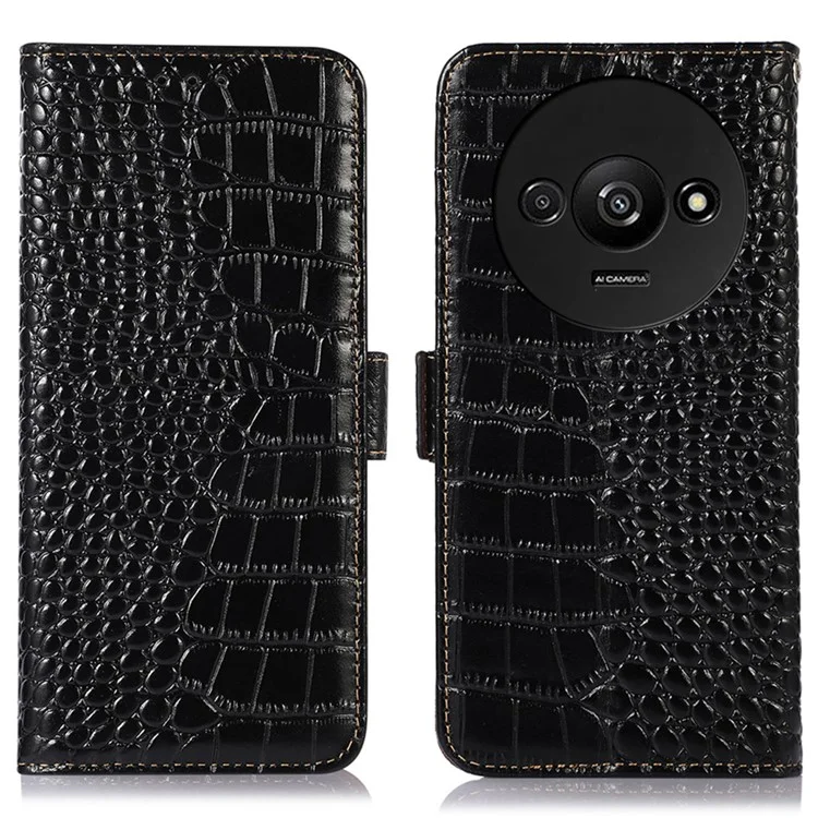 Para Xiaomi Redmi A3 / Poco C61 4G Funda Cuero Vacuno Genuino Textura Cocodrilo Cartera Funda Teléfono - Negro