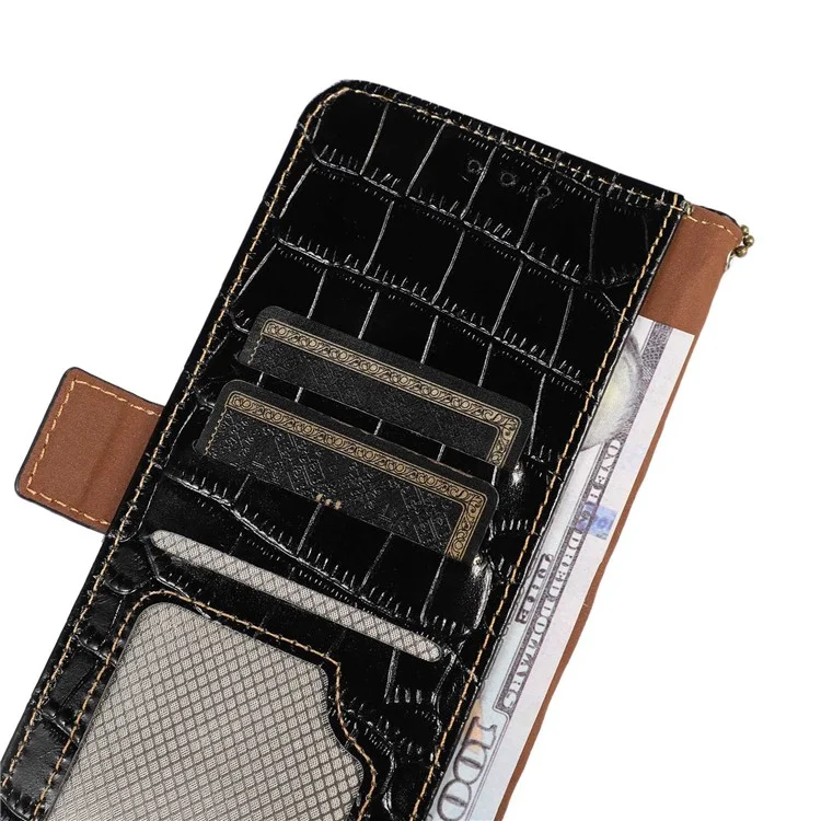 Para Xiaomi Redmi A3 / Poco C61 4G Funda Cuero Vacuno Genuino Textura Cocodrilo Cartera Funda Teléfono - Negro