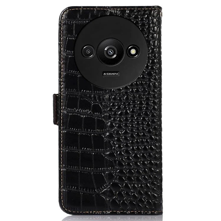 Para Xiaomi Redmi A3 / Poco C61 4G Funda Cuero Vacuno Genuino Textura Cocodrilo Cartera Funda Teléfono - Negro
