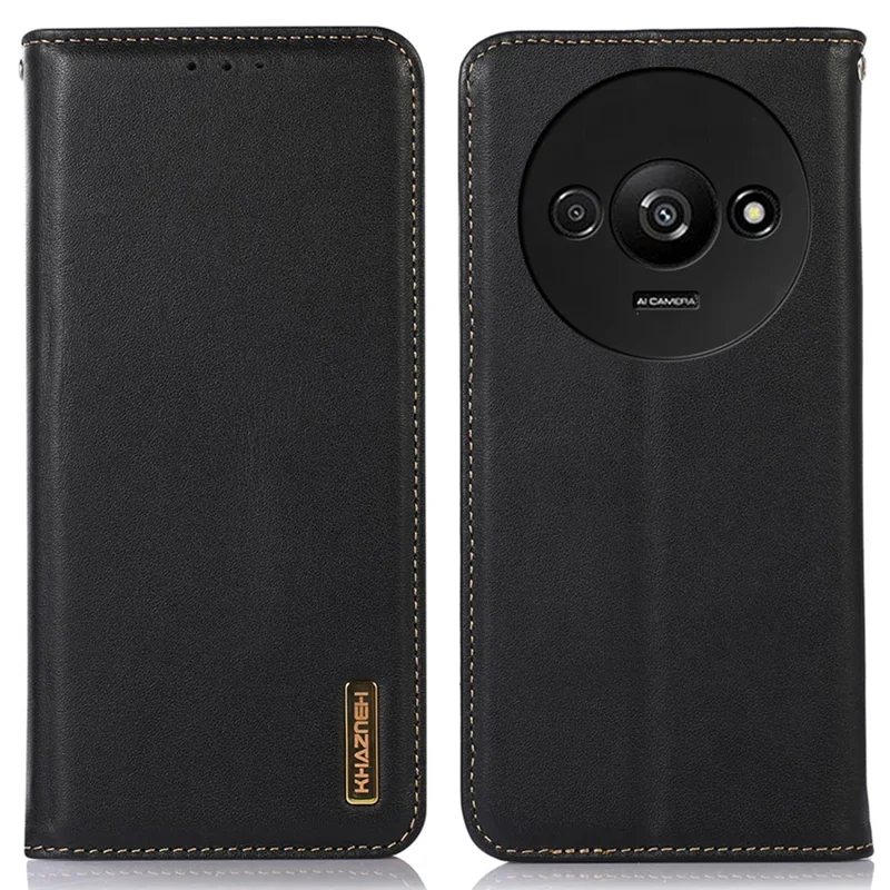 KHAZNEH For Xiaomi Redmi A3 / Poco C61 4G Wallet Case Genuine Cow Leather Stand Phone Cover Nappa Texture - Black