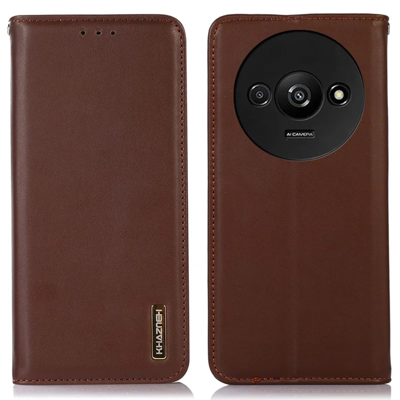 KHAZNEH For Xiaomi Redmi A3 / Poco C61 4G Wallet Case Genuine Cow Leather Stand Phone Cover Nappa Texture - Brown