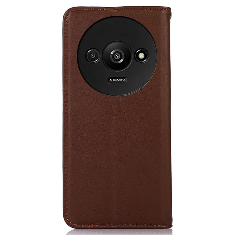 KHAZNEH For Xiaomi Redmi A3 / Poco C61 4G Wallet Case Genuine Cow Leather Stand Phone Cover Nappa Texture - Brown