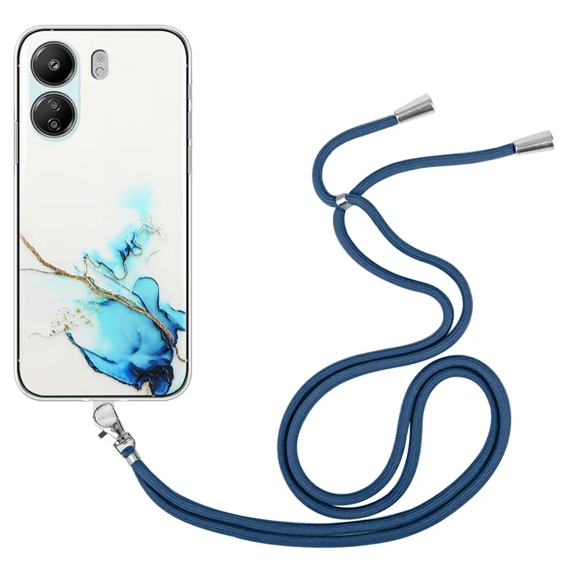 Pour Xiaomi Poco C65 4G / Redmi 13C 4G Étui Motif Marbre Anti-chute Couverture de téléphone TPU avec Cordon - Bleu