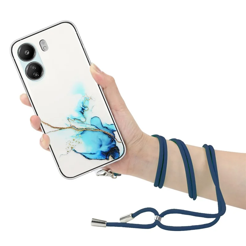 Pour Xiaomi Poco C65 4G / Redmi 13C 4G Étui Motif Marbre Anti-chute Couverture de téléphone TPU avec Cordon - Bleu