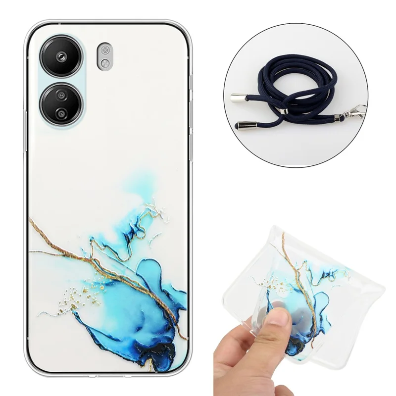 Pour Xiaomi Poco C65 4G / Redmi 13C 4G Étui Motif Marbre Anti-chute Couverture de téléphone TPU avec Cordon - Bleu