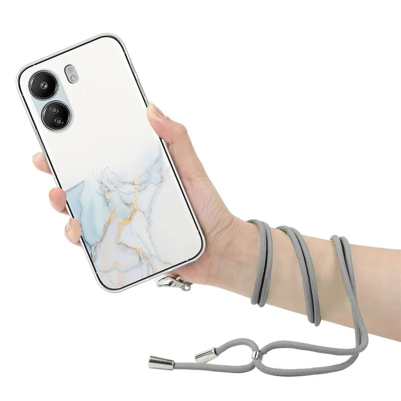 Pour Xiaomi Poco C65 4G / Redmi 13C 4G Étui Motif Marbre Anti-Chute Housse de Téléphone TPU avec Cordon - Gris