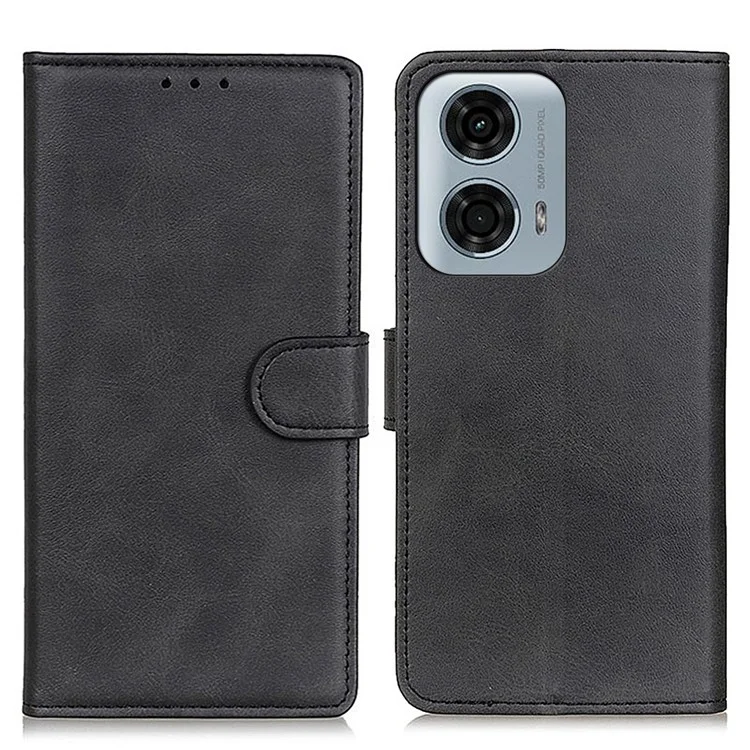 Leather Case for Motorola Moto E14 4G / G04 4G / G04s 4G / G24 4G Shell Wallet Cowhide Texture Phone Cover - Black