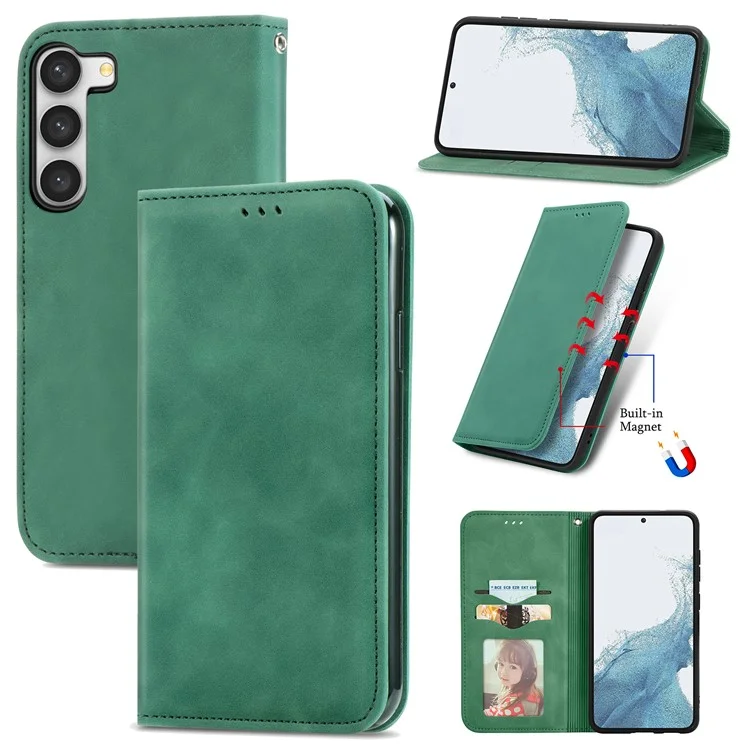 Card Slots Phone Stand Case for Samsung Galaxy S23 Skin-Touch Feeling PU Leather Phone Shell - Green