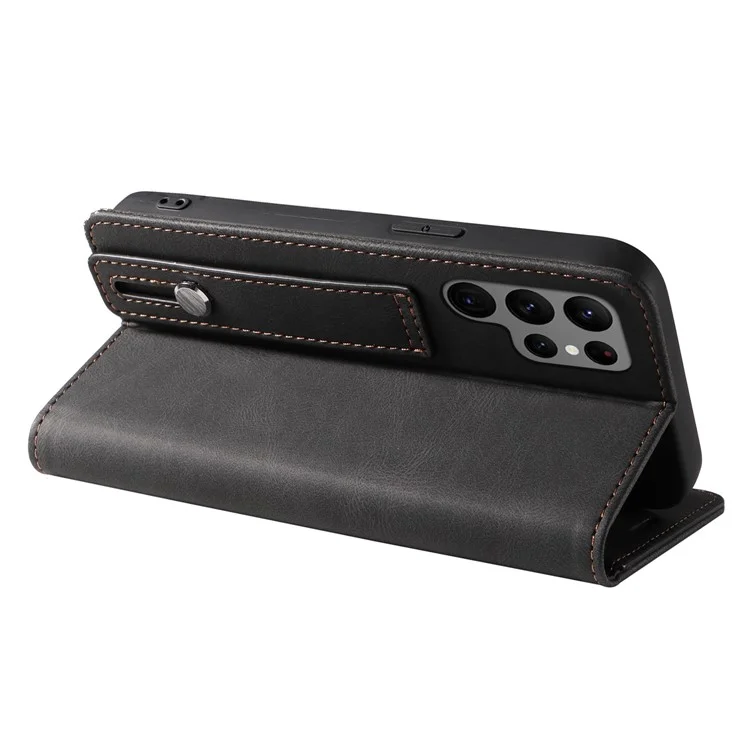 For Samsung Galaxy S24 Ultra Leather Case Wristband Design Stand Phone Cover - Black