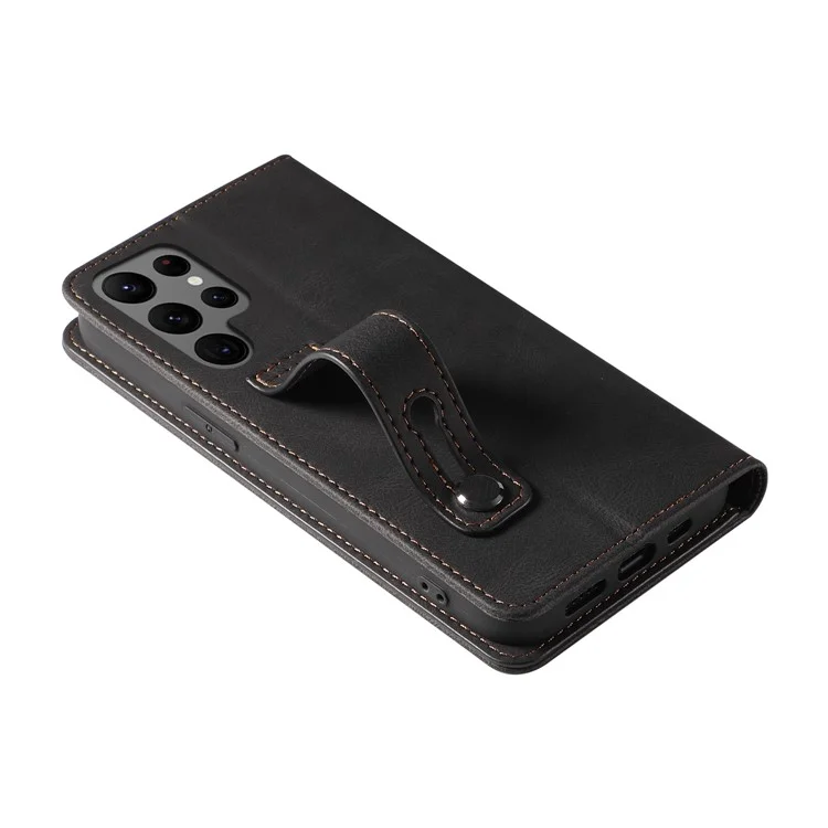 For Samsung Galaxy S24 Ultra Leather Case Wristband Design Stand Phone Cover - Black