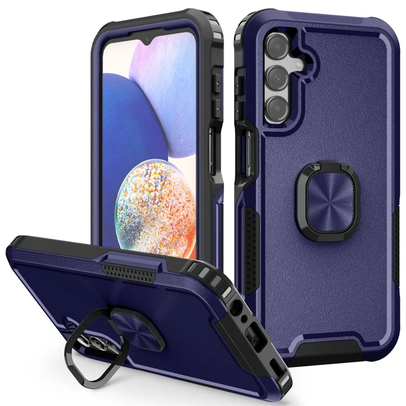 For Samsung Galaxy A15 4G / 5G Case PC+Silicone Anti-drop Cover with Rotatable Ring Kickstand - Navy Blue