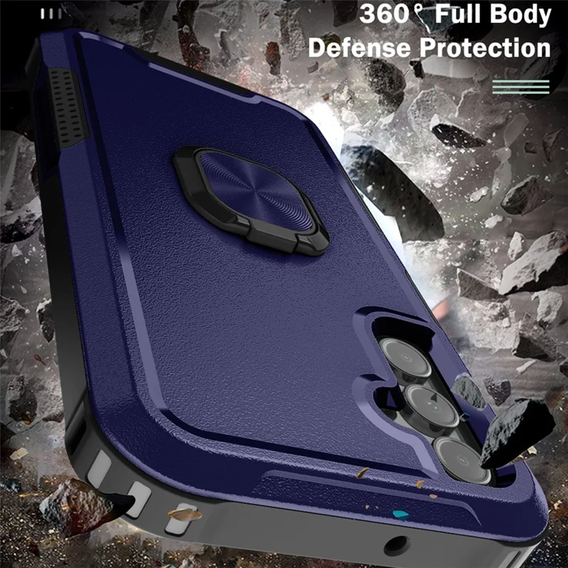 For Samsung Galaxy A15 4G / 5G Case PC+Silicone Anti-drop Cover with Rotatable Ring Kickstand - Navy Blue