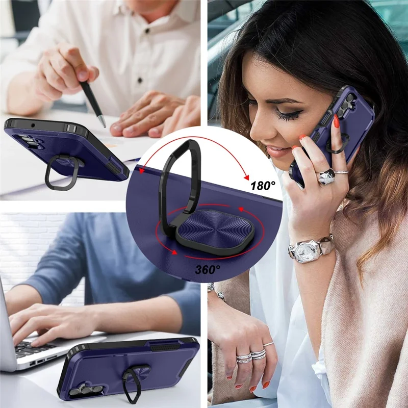 For Samsung Galaxy A15 4G / 5G Case PC+Silicone Anti-drop Cover with Rotatable Ring Kickstand - Navy Blue
