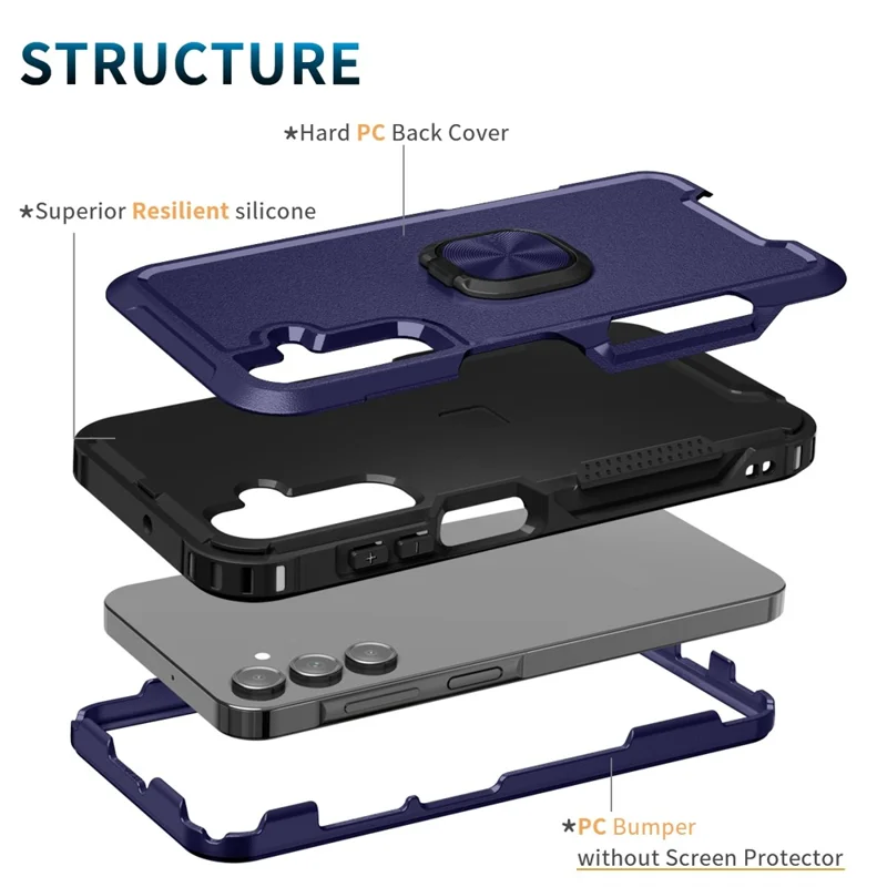 For Samsung Galaxy A15 4G / 5G Case PC+Silicone Anti-drop Cover with Rotatable Ring Kickstand - Navy Blue