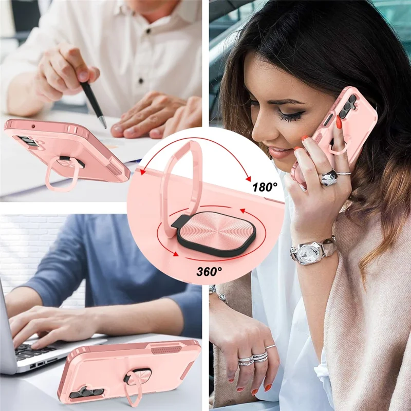 For Samsung Galaxy A15 4G / 5G Case PC+Silicone Anti-drop Cover with Rotatable Ring Kickstand - Pink
