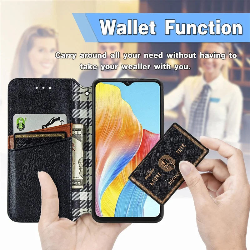 Para Oppo A38 4G / A18 4G Capa Magnética Impressa com Padrão Rômbico Protetor de Telefone de Carteira - Preto