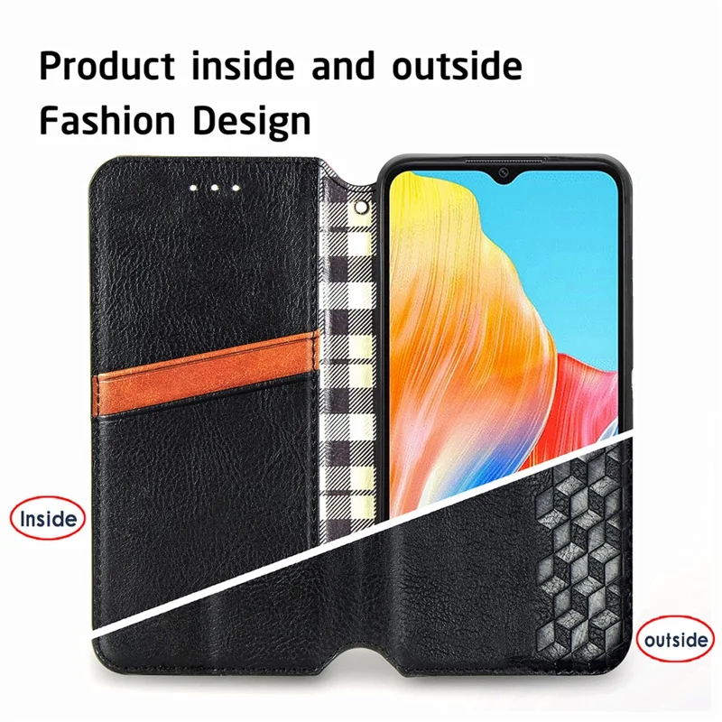 Para Oppo A38 4G / A18 4G Capa Magnética Impressa com Padrão Rômbico Protetor de Telefone de Carteira - Preto