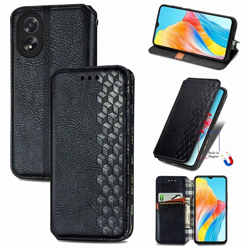 Para Oppo A38 4G / A18 4G Capa Magnética Impressa com Padrão Rômbico Protetor de Telefone de Carteira - Preto