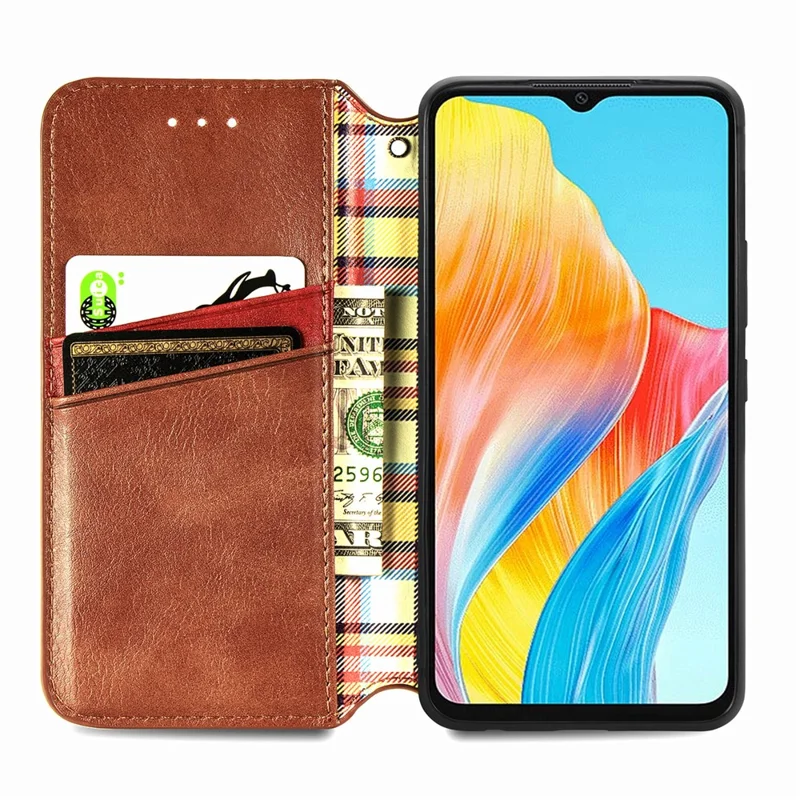 For Oppo A38 4G / A18 4G PU Leather Case Rhombus Imprint Wallet Stand Phone Cover - Brown