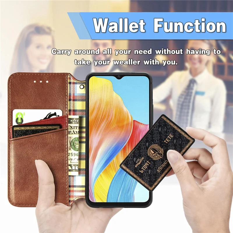 For Oppo A38 4G / A18 4G PU Leather Case Rhombus Imprint Wallet Stand Phone Cover - Brown
