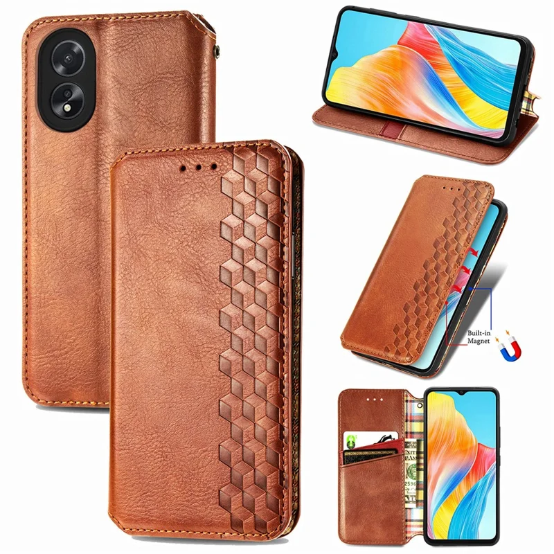 For Oppo A38 4G / A18 4G PU Leather Case Rhombus Imprint Wallet Stand Phone Cover - Brown