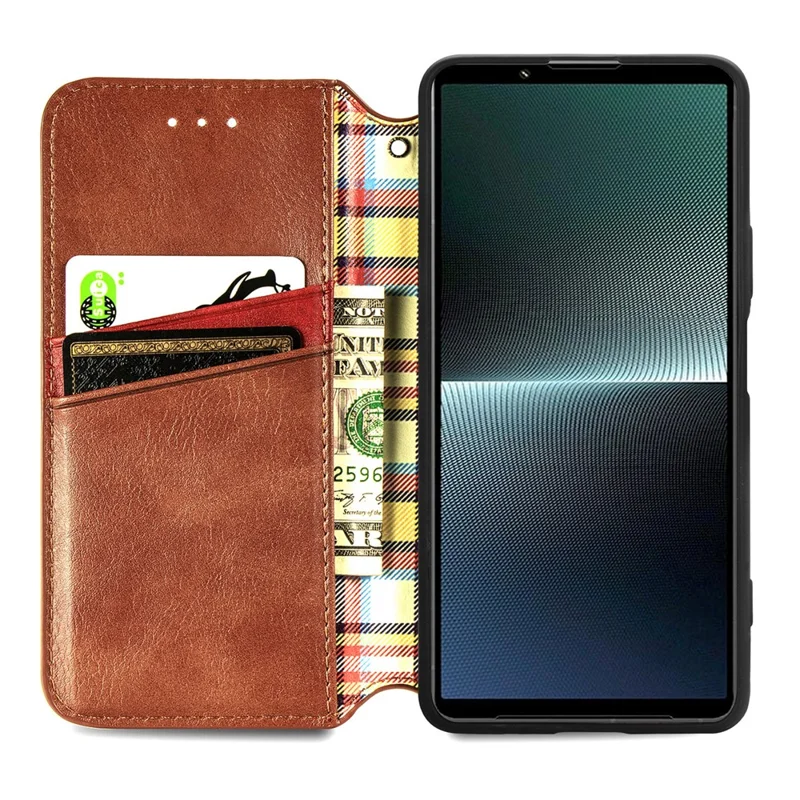 For Sony Xperia 1 V PU Leather Case Rhombus Imprint Wallet Stand Phone Cover - Brown