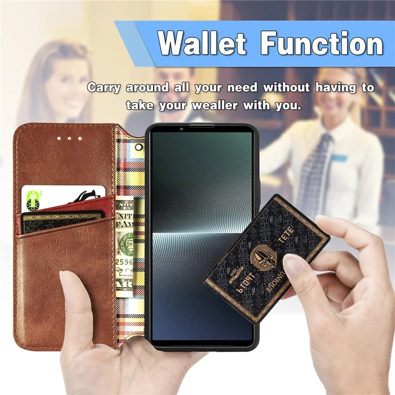 For Sony Xperia 1 V PU Leather Case Rhombus Imprint Wallet Stand Phone Cover - Brown