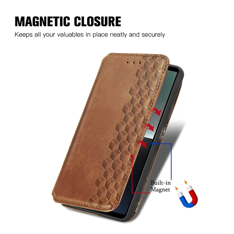 For Sony Xperia 1 V PU Leather Case Rhombus Imprint Wallet Stand Phone Cover - Brown