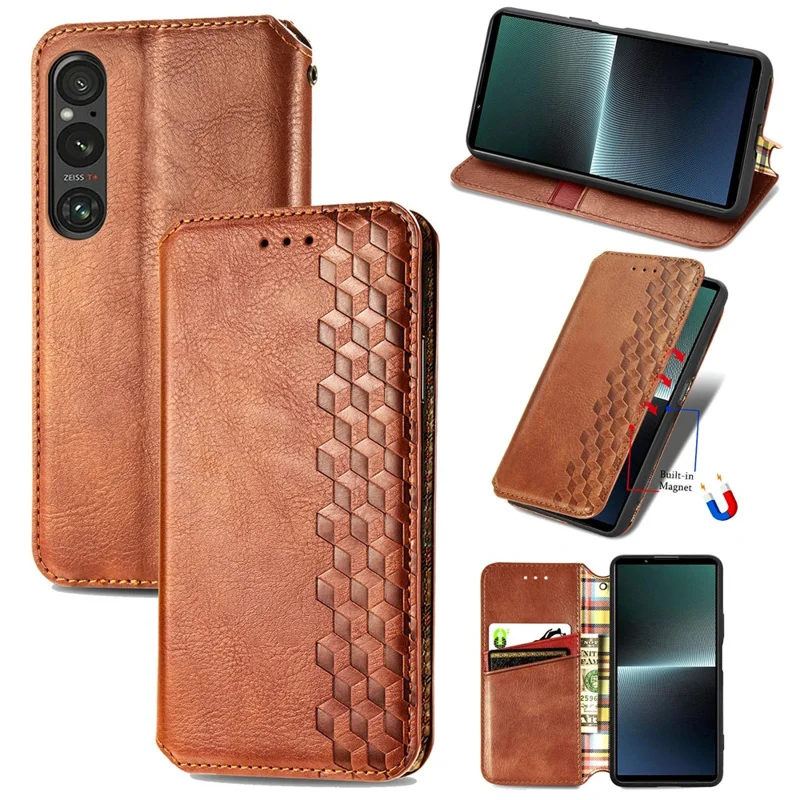 For Sony Xperia 1 V PU Leather Case Rhombus Imprint Wallet Stand Phone Cover - Brown