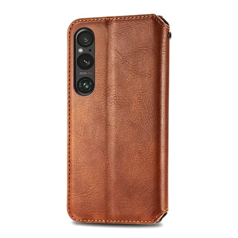 For Sony Xperia 1 V PU Leather Case Rhombus Imprint Wallet Stand Phone Cover - Brown