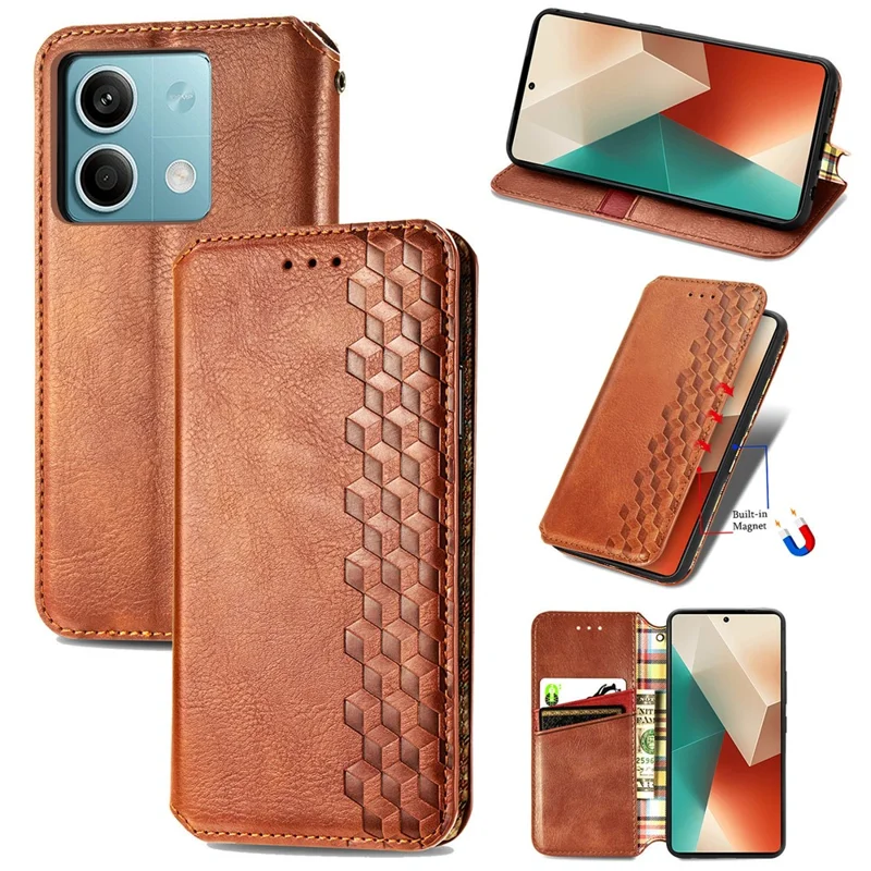 Für Xiaomi Redmi Note 13 5G Magnetisches Handyhülle Sturzsicher Leder Kartenfächer Hülle - Braun