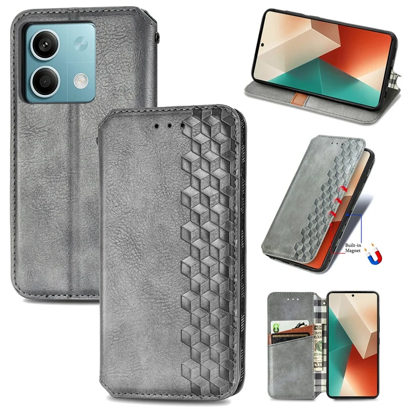 Pour Xiaomi Redmi Note 13 5G Étui de téléphone magnétique antichute Étui en cuir à emplacement pour carte - Gris