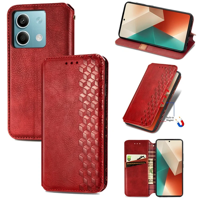 Магнитный чехол для телефона для Xiaomi Redmi Note 13 5G, противоударный, с отделениями для карт, кожаный - красный
