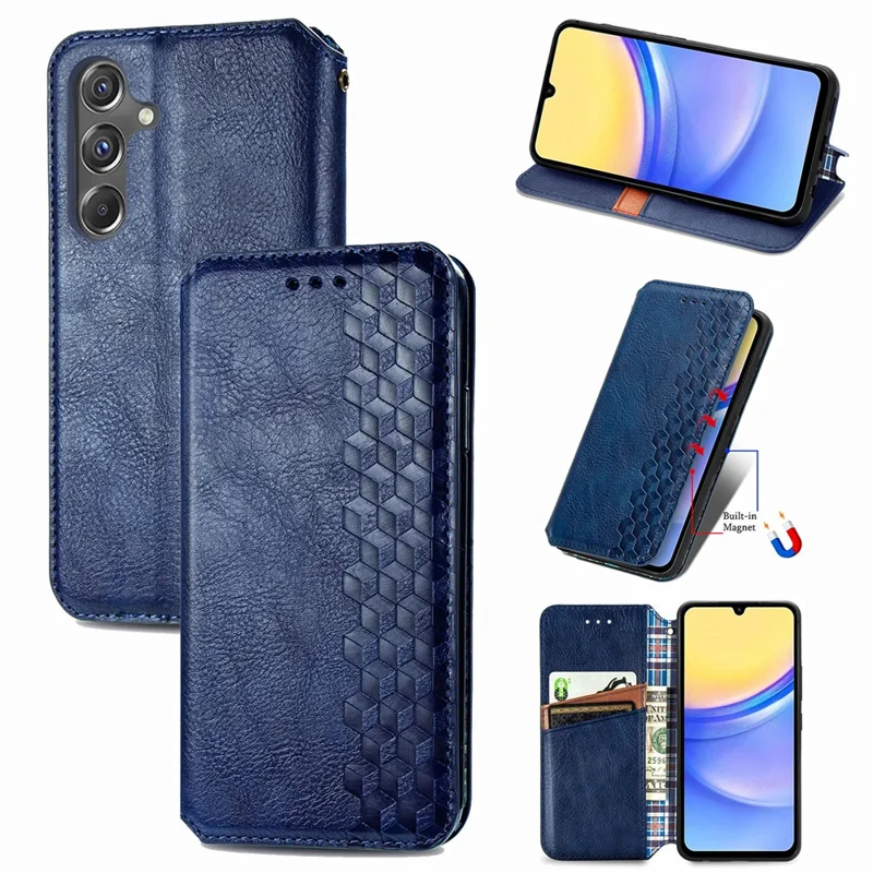 For Samsung Galaxy A15 4G / A15 5G PU Leather Case Rhombus Imprint Wallet Stand Phone Cover - Blue