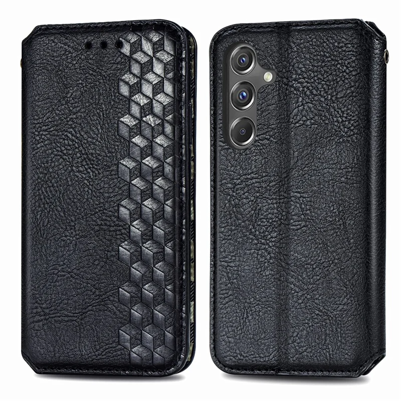 For Samsung Galaxy A15 4G / A15 5G PU Leather Case Rhombus Imprint Wallet Stand Phone Cover - Black