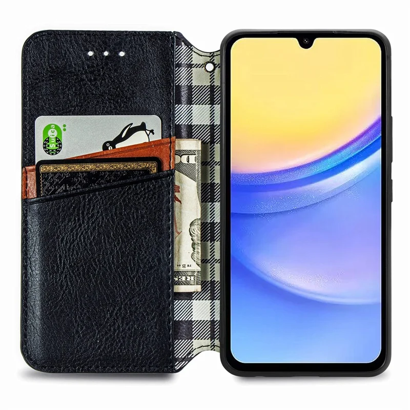 For Samsung Galaxy A15 4G / A15 5G PU Leather Case Rhombus Imprint Wallet Stand Phone Cover - Black
