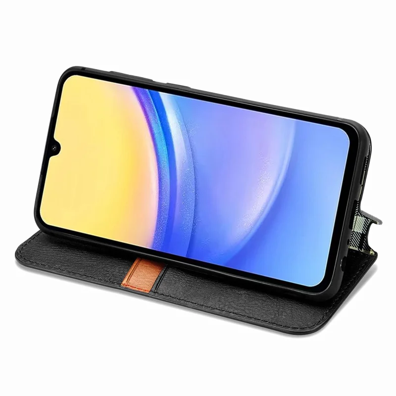 For Samsung Galaxy A15 4G / A15 5G PU Leather Case Rhombus Imprint Wallet Stand Phone Cover - Black