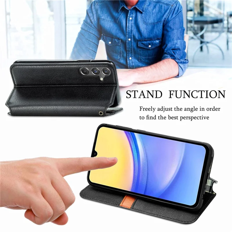 For Samsung Galaxy A15 4G / A15 5G PU Leather Case Rhombus Imprint Wallet Stand Phone Cover - Black