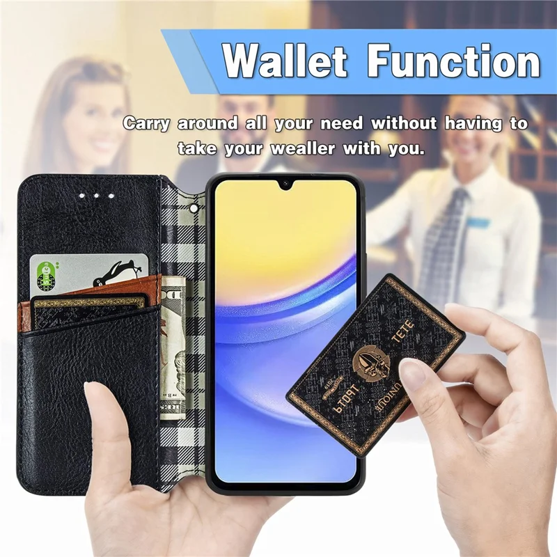For Samsung Galaxy A15 4G / A15 5G PU Leather Case Rhombus Imprint Wallet Stand Phone Cover - Black