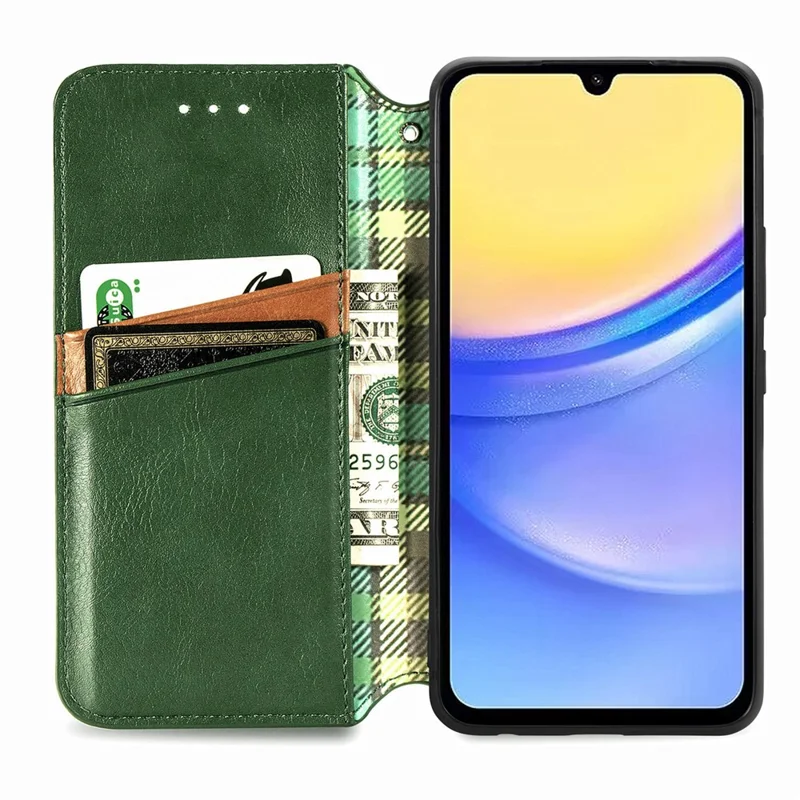For Samsung Galaxy A15 4G / A15 5G PU Leather Case Rhombus Imprint Wallet Stand Phone Cover - Green