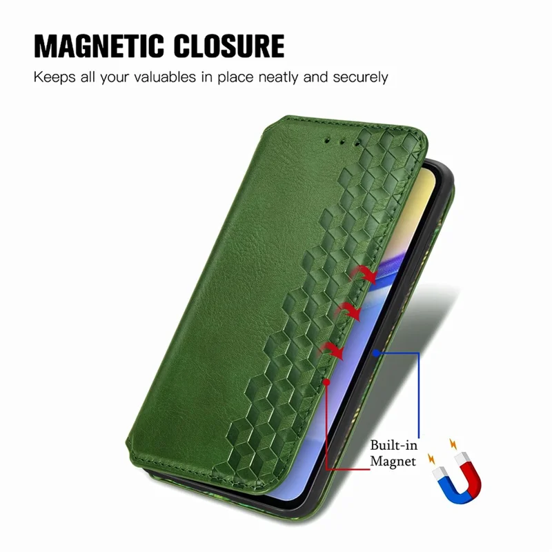 For Samsung Galaxy A15 4G / A15 5G PU Leather Case Rhombus Imprint Wallet Stand Phone Cover - Green